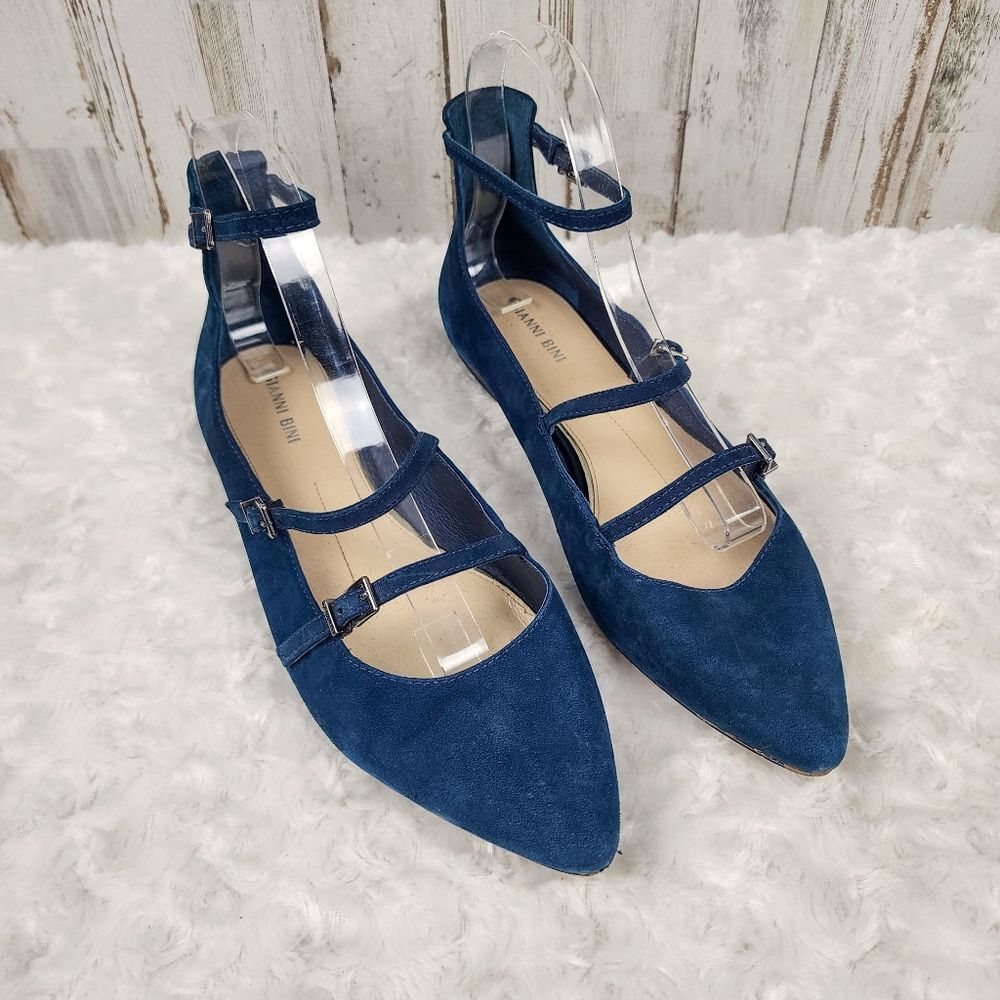 Gianni Bini Blue Suede Pointed Mary Jane Flats with Ankle Strap